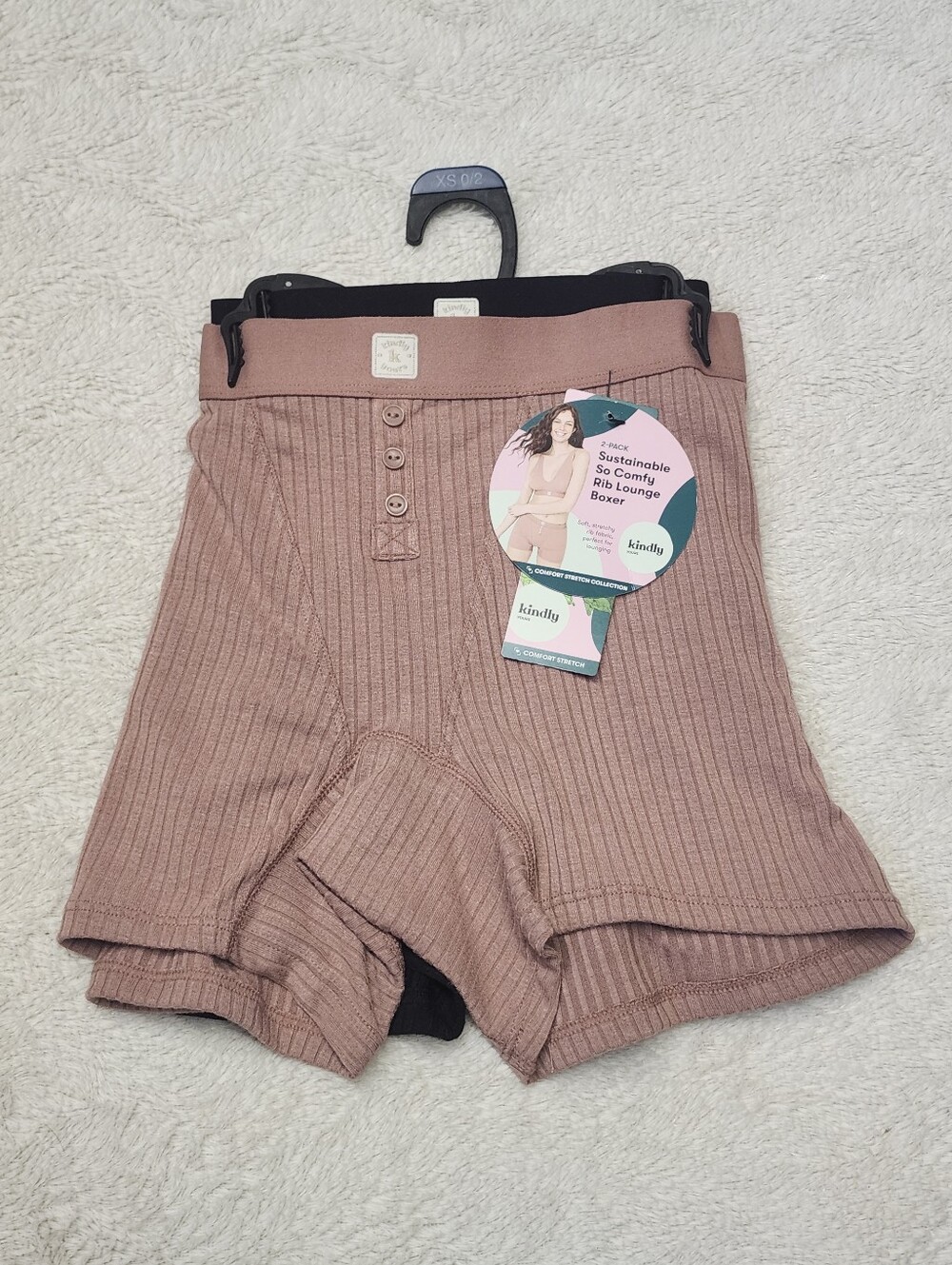 • NWT Kindly Yours 2-Pack So Comfy Ribbed Boxer Boyshort Size XS Burlwood/Black